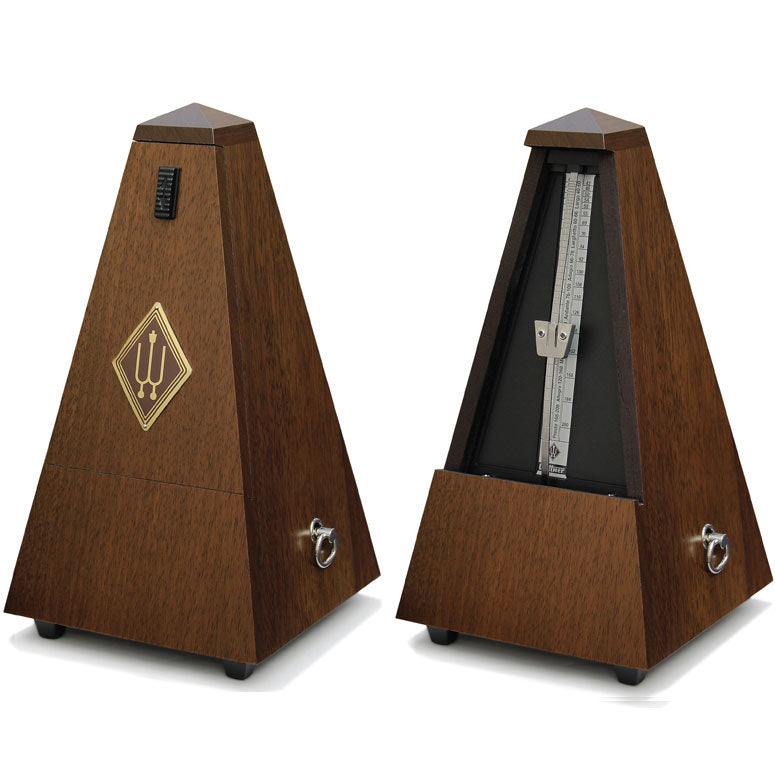 Wittner Maelzel Metronome with Genuine Walnut Wood Exterior. Shown with and without Front Cover