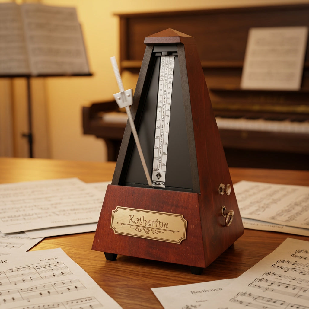 Wittner Maelzel Mahogany Metronome with Custom Engraved Brass Commemorative Plate and Open Lid