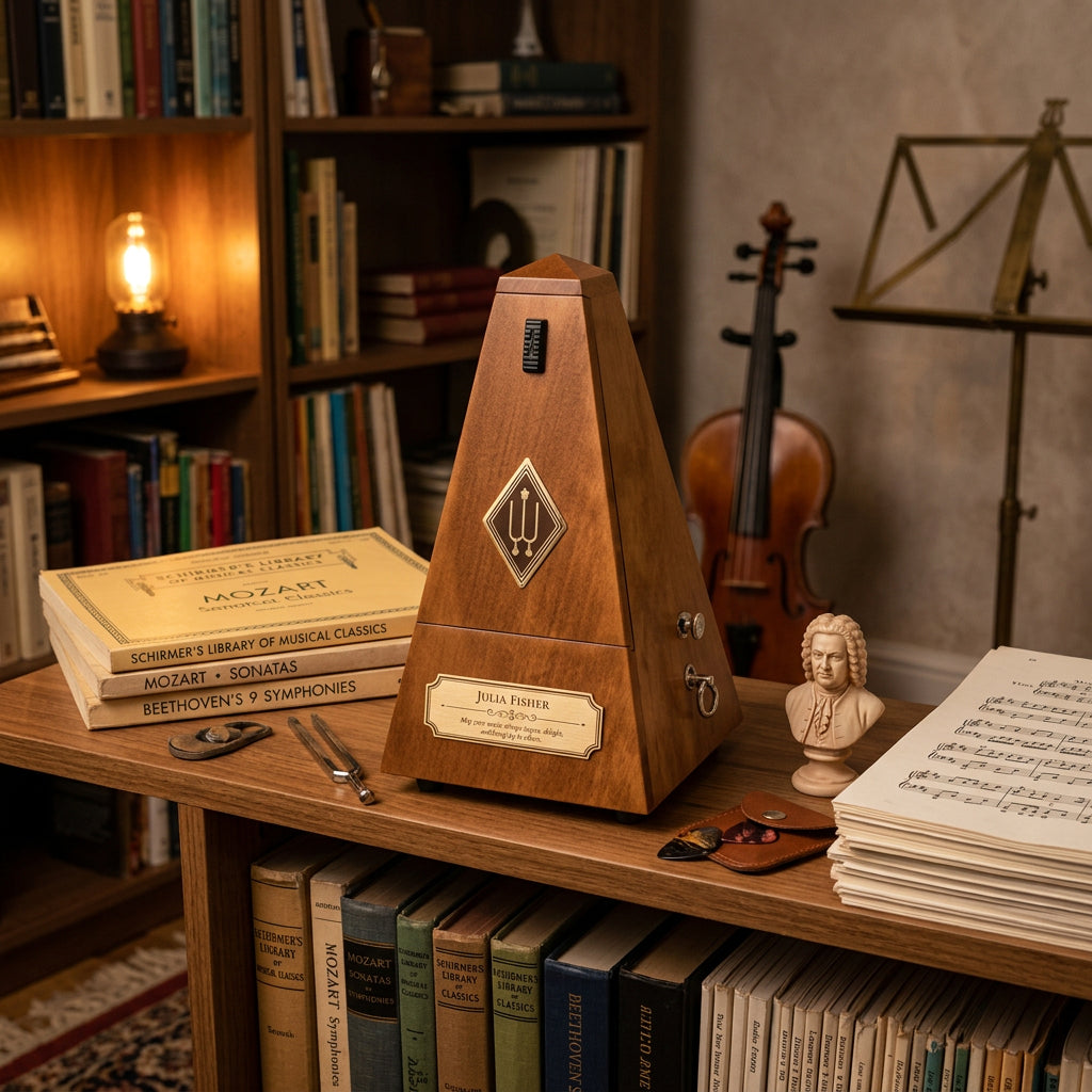 Wittner Maelzel Mechanical Metronome Cherry with custom engraved commemorative brass plate