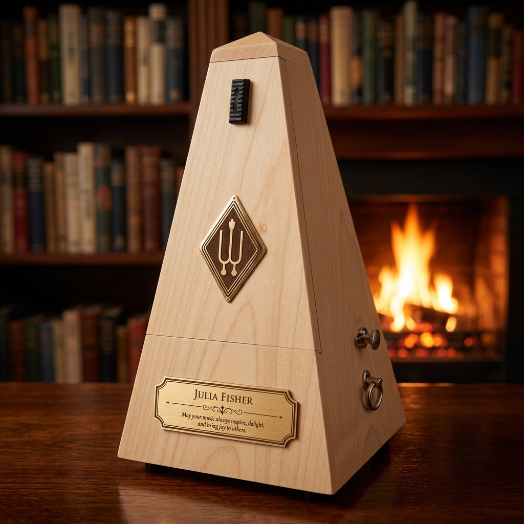 Wittner Maelzel Mechanical Metronome with genuine maple wood exterior and custom engraved commemorative solid brass plate